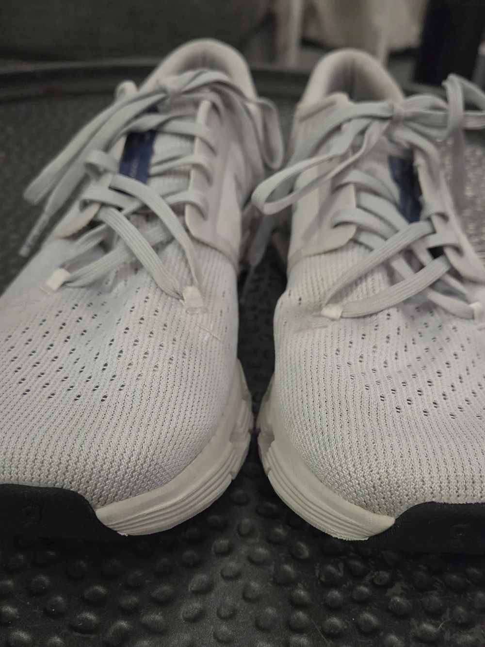 On Running Sneakers in Light Gray with Navy Tongue Accents
